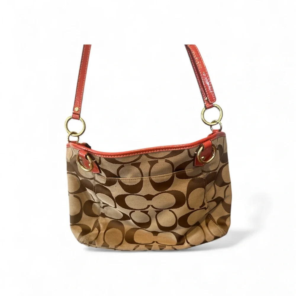 Coach Signature Stripe tote/hobo-bag w/orange leather trim F19203 - Picture 2 of 13